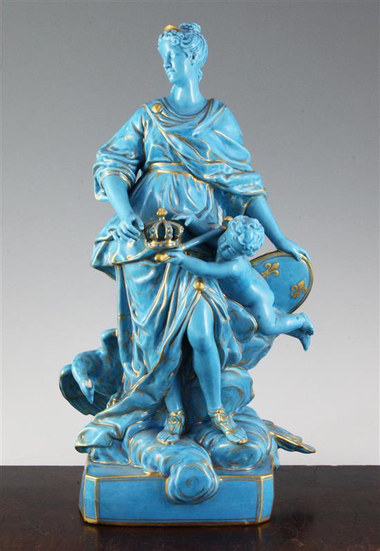 A Sevres style turquoise glazed and gilt decorated group of the Queen cherub, 42cm